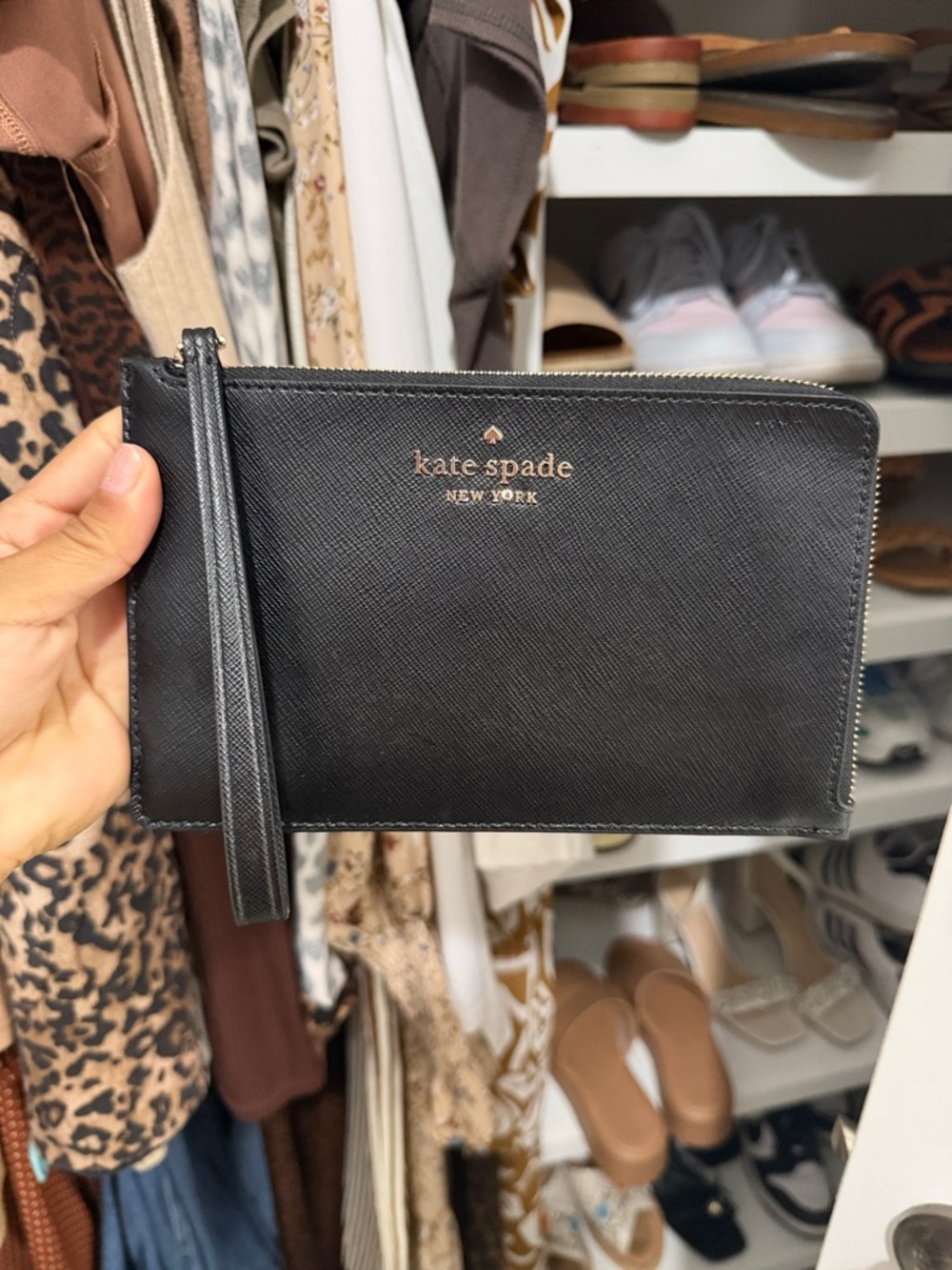 kate spade Black Saffiano Leather Zip Wristlet with Gold Logo